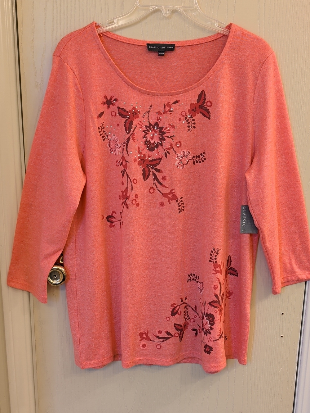 Classic Editions Coral Floral Rhinestone Top Size XL NWT